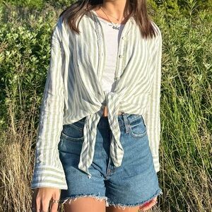 LOFT Cream Long Sleeve Tie Front Button Down Shirt